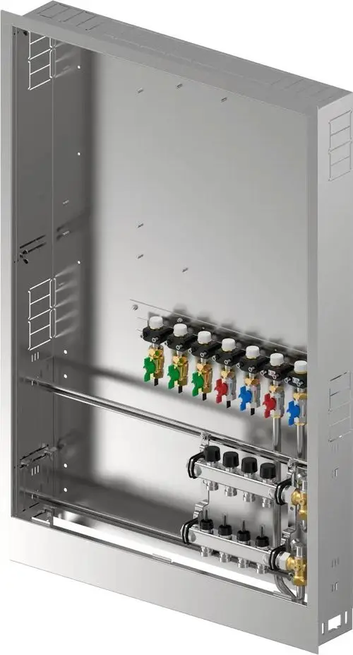 Edelstahl-Schrank mit verschiedenen Ventilen und Rohren. Die Installation erfolgt für eine Heizungs- oder Wasserversorgungsanwendung, produziert von Uponor.